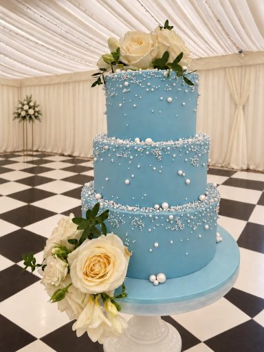 Bespoke cascading pearl pastel blue Wedding Cake Bedfordshire Handcrafted three tier pastel blue & cascading pearls adorned with white roses & eucalyptus leaves in Bedfordshire